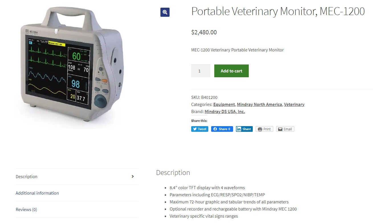 Mindray MEC-1200 Veterinary Monitor